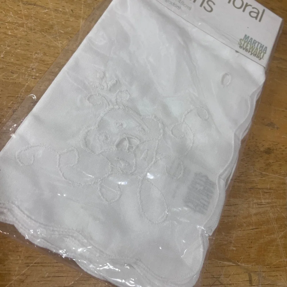 Vtg Martha Stewart Ribbon Floral White Cotton Napkins 4pc Scalloped 19in